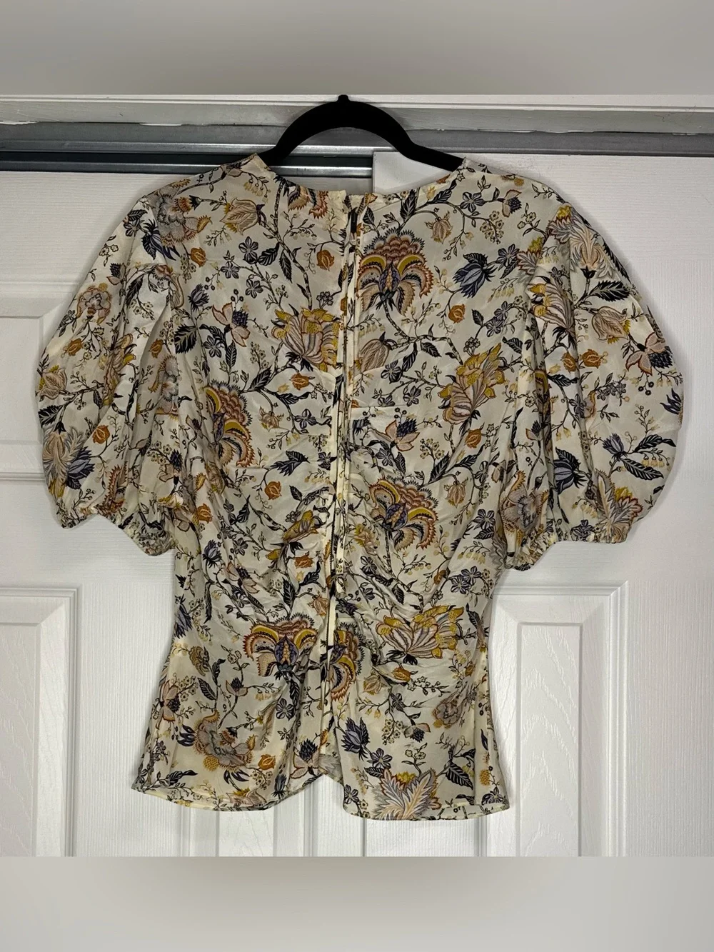 Ulla Johnson Cream Multicolor Floral Silk Puff Sleeve Blouse - Size 16